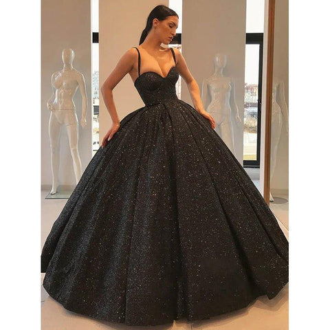 Vestido de noche formal con escote en forma de corazón, tirantes finos y brillo negro 