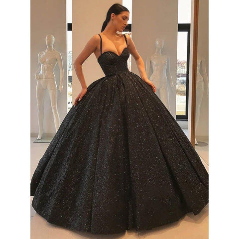 Vestido de noche formal con escote en forma de corazón, tirantes finos y brillo negro 