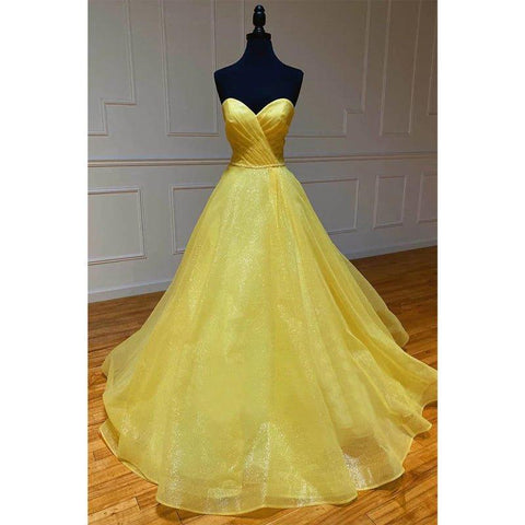 Vestido de fiesta largo con escote corazón de tul amarillo plisado para graduación de último año 