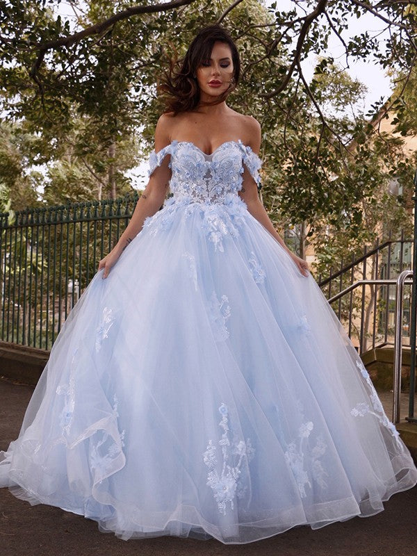 Ball Gown Tulle Applique Off-the-Shoulder Sleeveless Prom Dresses