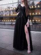 Vestidos de baile de gala largos hasta el suelo, de tul, con mangas largas, apliques y hombros descubiertos.