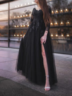 Vestidos de baile de gala largos hasta el suelo, de tul, con mangas largas, apliques y hombros descubiertos.