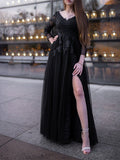 Vestidos de baile de gala largos hasta el suelo, de tul, con mangas largas, apliques y hombros descubiertos.