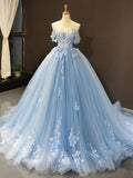Robes de bal en tulle à épaules dénudées sans manches avec applications