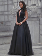Robe de bal en tulle à volants, col en V, sans manches, traîne courte