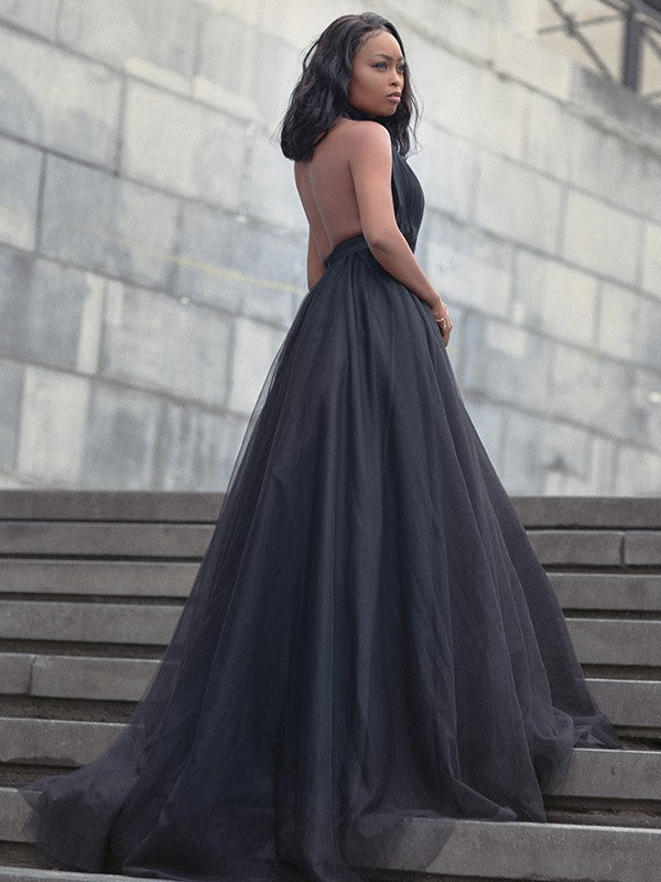 Robe de bal en tulle à volants, col en V, sans manches, traîne courte