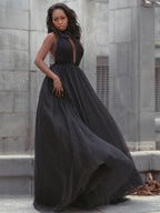 Robe de bal en tulle à volants, col en V, sans manches, traîne courte