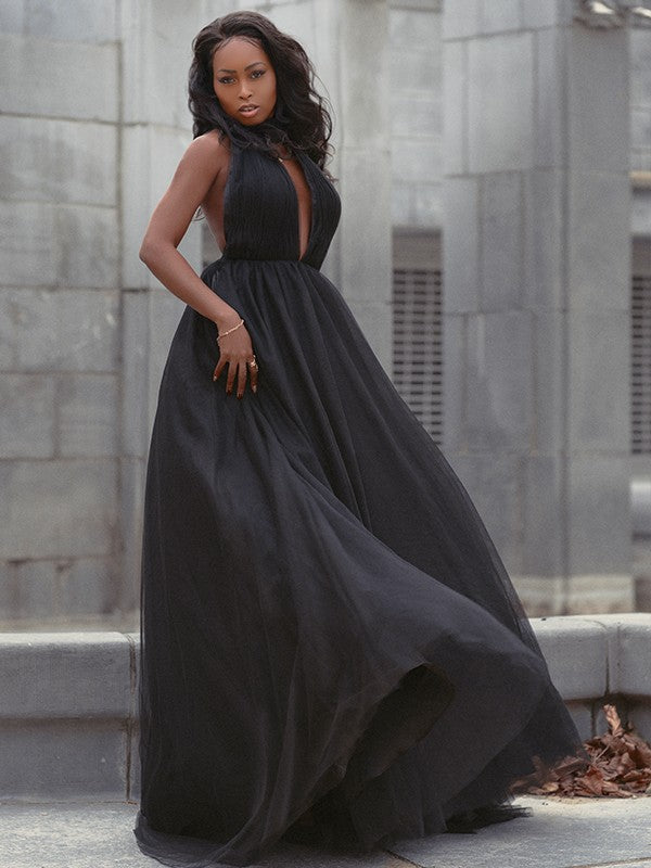 Robe de bal en tulle à volants, col en V, sans manches, traîne courte