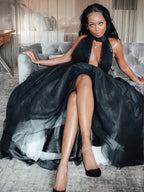 Robe de bal en tulle à volants, col en V, sans manches, traîne courte