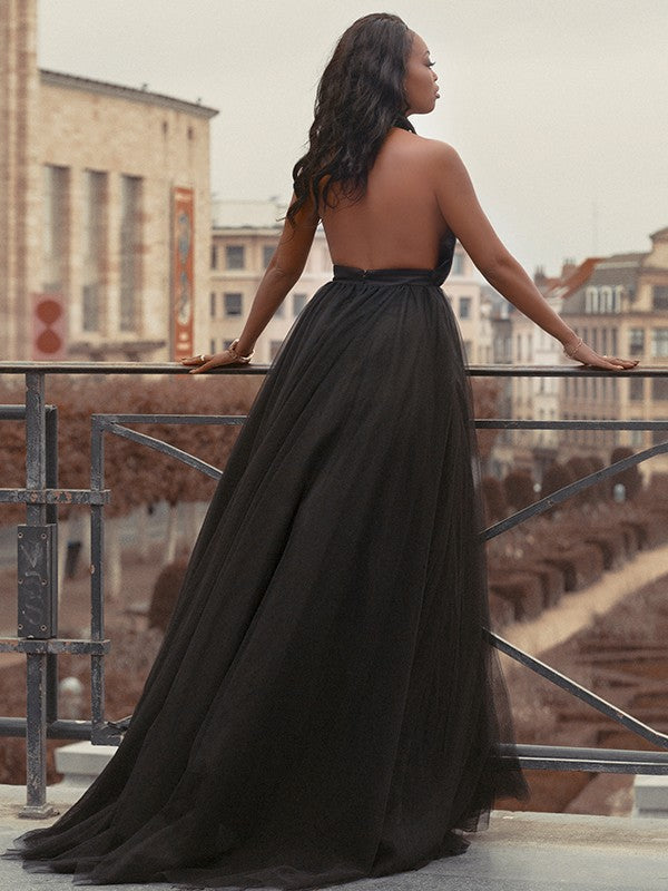 Robe de bal en tulle à volants, col en V, sans manches, traîne courte