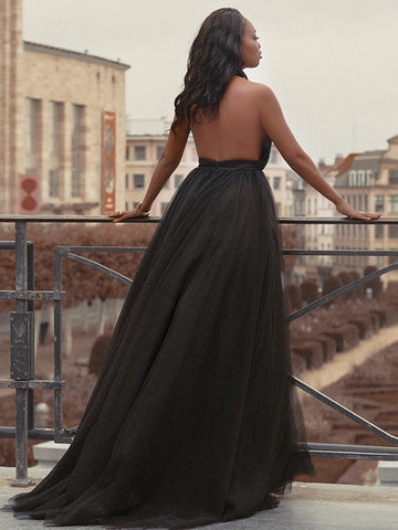 Ball Gown Tulle Ruffles V-neck Sleeveless Court Train Prom Dresses