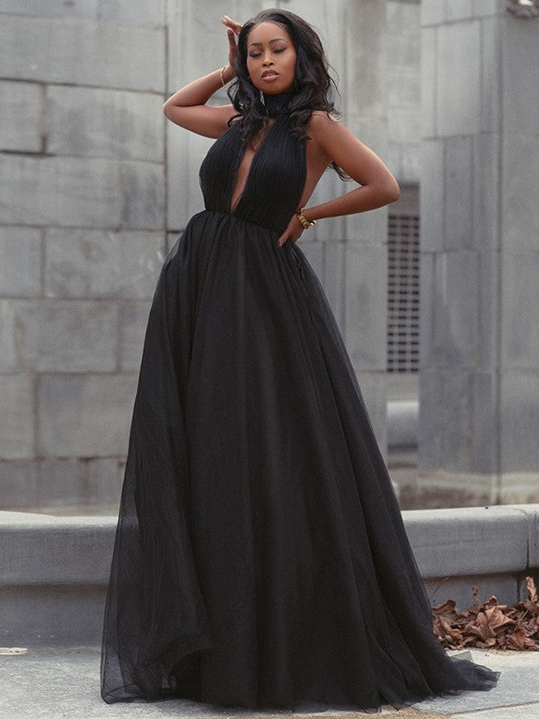 Robe de bal en tulle à volants, col en V, sans manches, traîne courte