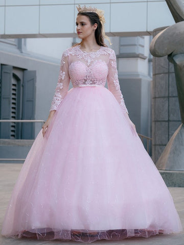 Ball Gown Tulle Scoop Lace Long Sleeves Prom Dresses