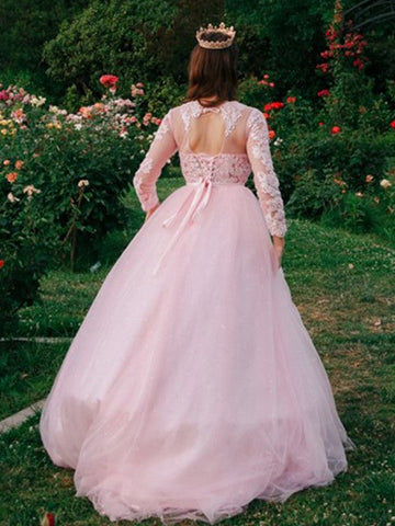 Ball Gown Tulle Scoop Lace Long Sleeves Prom Dresses