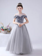 Vestido de gala de tul con lentejuelas, hombros descubiertos y cuello joya para fiesta, cumpleaños o niña de las flores