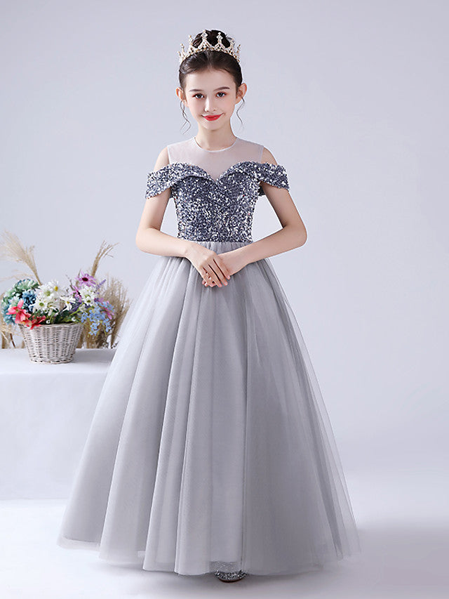 Vestido de gala de tul con lentejuelas, hombros descubiertos y cuello joya para fiesta, cumpleaños o niña de las flores