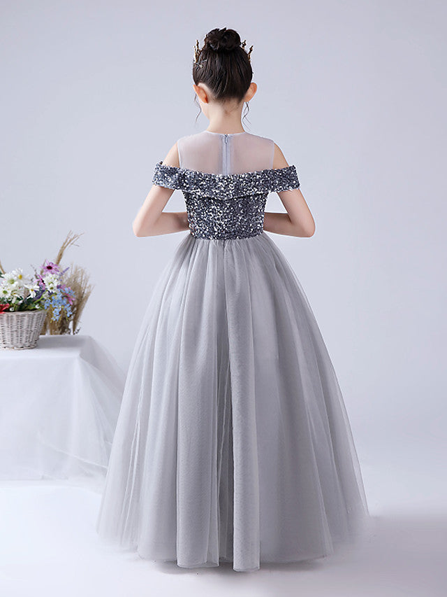 Vestido de gala de tul con lentejuelas, hombros descubiertos y cuello joya para fiesta, cumpleaños o niña de las flores