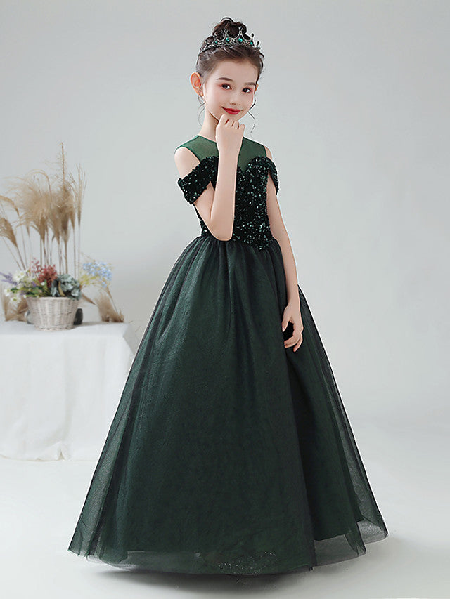 Vestido de gala de tul con lentejuelas, hombros descubiertos y cuello joya para fiesta, cumpleaños o niña de las flores