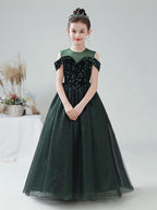 Vestido de gala de tul con lentejuelas, hombros descubiertos y cuello joya para fiesta, cumpleaños o niña de las flores