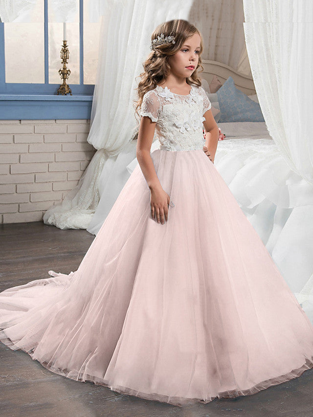 Vestido de gala de tul con manga corta, cuello joya y cola de cepillo para niña de las flores, ideal para bodas y fiestas.