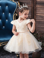 Vestidos de princesa de tul con manga corta y escote en V para niñas de las flores, ideales para bodas y fiestas.