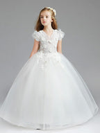 Vestidos de princesa de tul con manga corta y escote en V para niñas de las flores, ideales para bodas y fiestas.