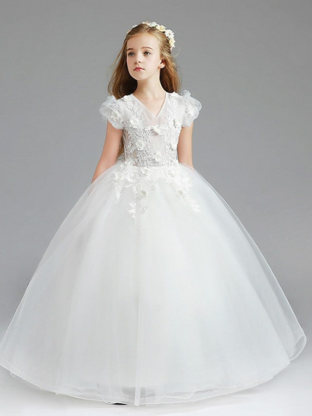 Vestidos de princesa de tul con manga corta y escote en V para niñas de las flores, ideales para bodas y fiestas.