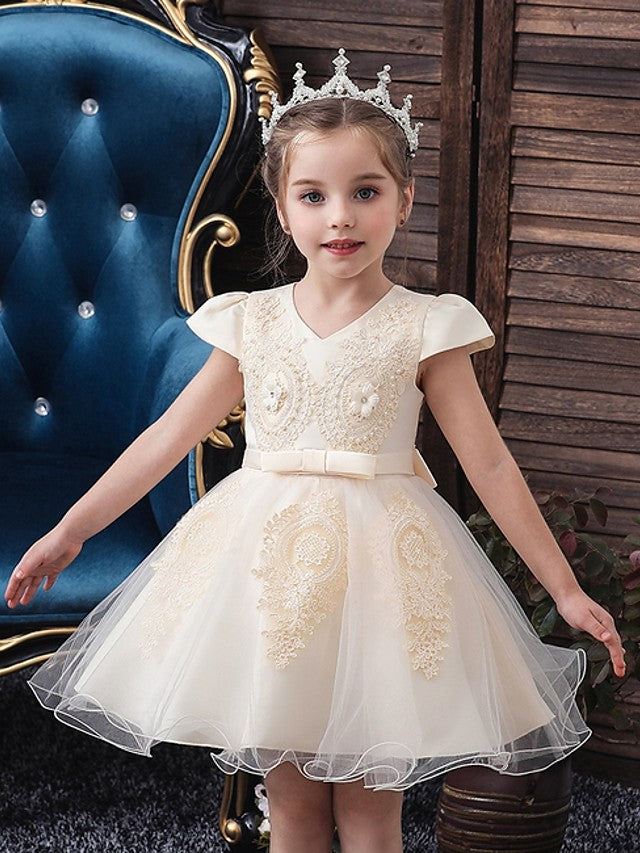 Vestidos de princesa de tul con manga corta y escote en V para niñas de las flores, ideales para bodas y fiestas.