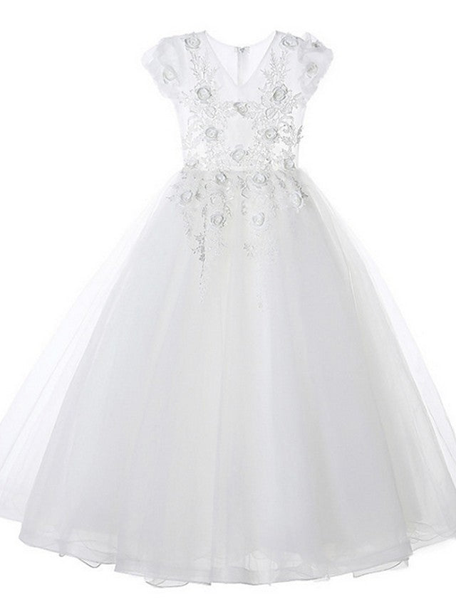 Vestidos de princesa de tul con manga corta y escote en V para niñas de las flores, ideales para bodas y fiestas.