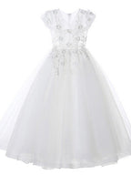 Vestidos de princesa de tul con manga corta y escote en V para niñas de las flores, ideales para bodas y fiestas.