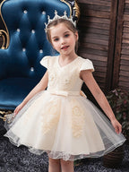 Vestidos de princesa de tul con manga corta y escote en V para niñas de las flores, ideales para bodas y fiestas.