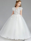 Vestidos de princesa de tul con manga corta y escote en V para niñas de las flores, ideales para bodas y fiestas.