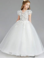 Vestidos de princesa de tul con manga corta y escote en V para niñas de las flores, ideales para bodas y fiestas.