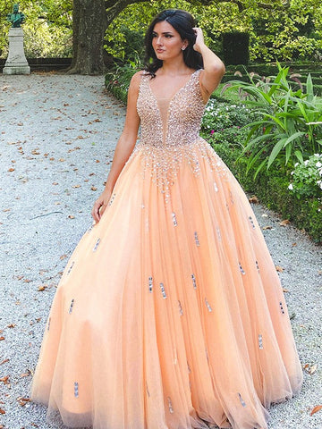 Ball Gown Tulle V-neck Beading Sleeveless Floor-Length Prom Dresses