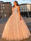 Robe de bal longue sans manches en tulle, col en V et perles