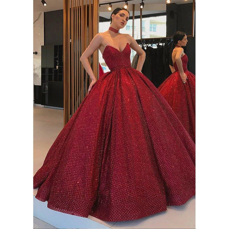 Robe de soirée longue bordeaux à col en V et poches 