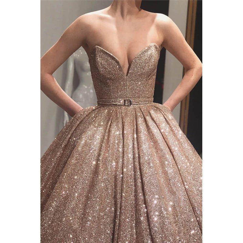 Vestido de noche largo formal con escote en V y lentejuelas doradas, con bolsillos y vestido de fiesta. 