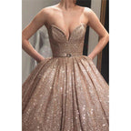 Vestido de noche largo formal con escote en V y lentejuelas doradas, con bolsillos y vestido de fiesta. 