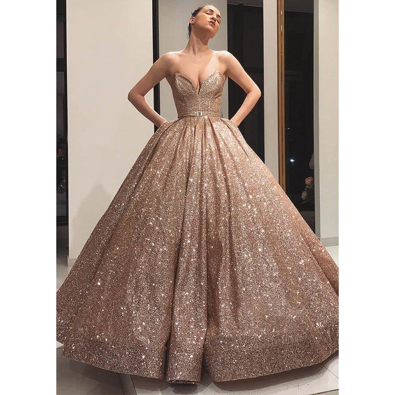 Vestido de noche largo formal con escote en V y lentejuelas doradas, con bolsillos y vestido de fiesta. 