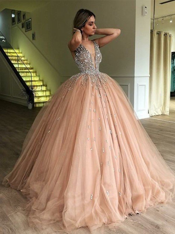 Vestidos de baile de gala con escote en V, sin mangas, largos hasta el suelo, de tul con cuentas