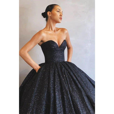 Vestido de fiesta formal de noche con escote en V y brillantes bolsillos 