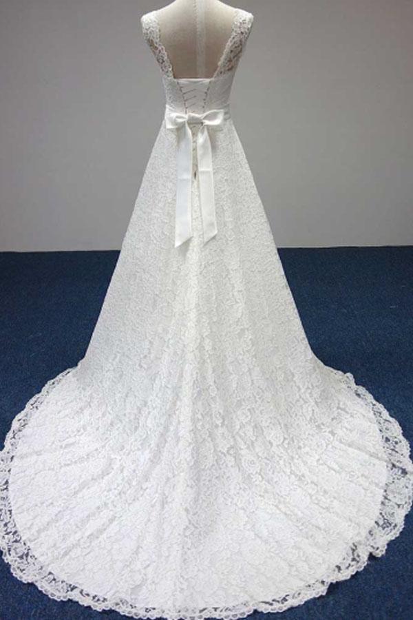 Robe de mariée sans manches à coupe bateau, ceinture en dentelle et nœud papillon, modèle WD158 