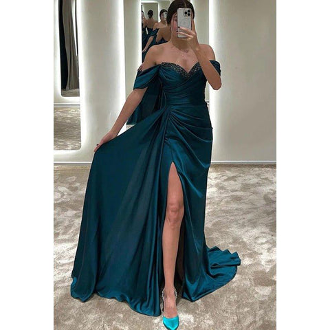 Bateau Off-Shoulder Beaded Ruched Satin Sheath Long Prom Evening Gown