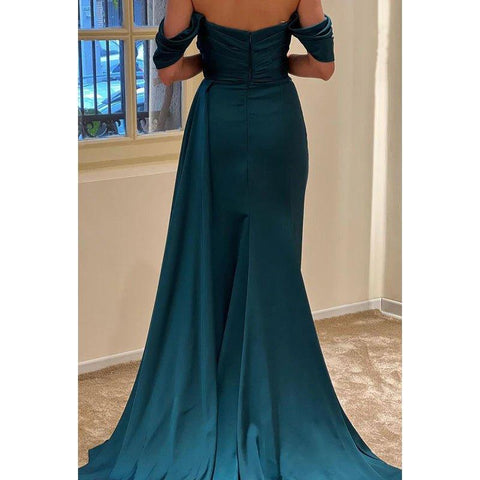Bateau Off-Shoulder Beaded Ruched Satin Sheath Long Prom Evening Gown