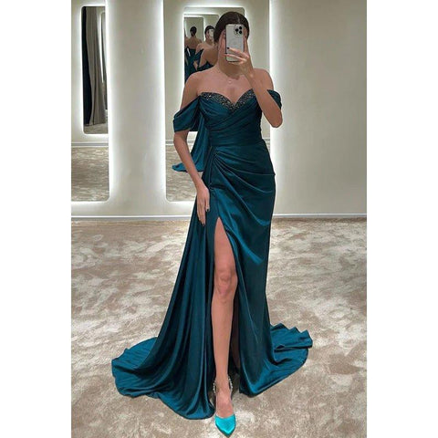 Bateau Off-Shoulder Beaded Ruched Satin Sheath Long Prom Evening Gown