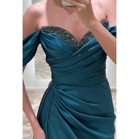 Bateau Off-Shoulder Beaded Ruched Satin Sheath Long Prom Evening Gown