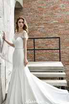 Bateau Short Sleeve Slim Mermaid Wedding Gown Satin Bridal Gown Sweep/Trump Train