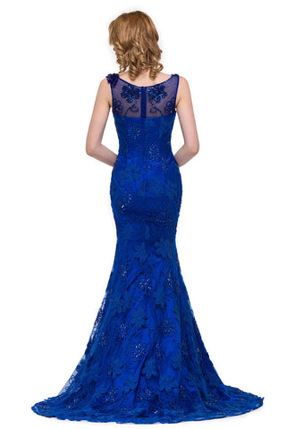 Bateau Sweep-length Applique Crystals Mermaid Form Dresses