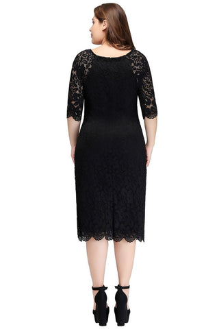 Bateau Tea Length Mermaid Plus size Lace Black Evening Dresses with sleeves