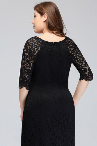Bateau Tea Length Mermaid Plus size Lace Black Evening Dresses with sleeves